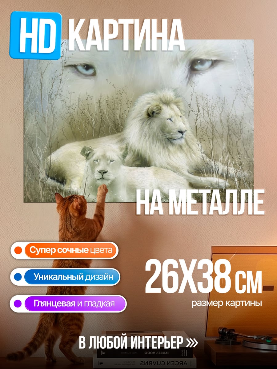 Картина на металле Белые львы прайд