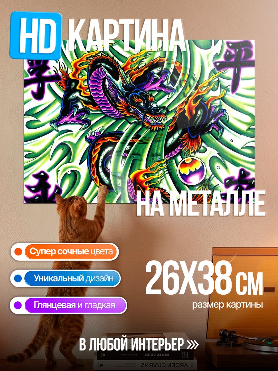 Картина на металле Дракон и иероглифы