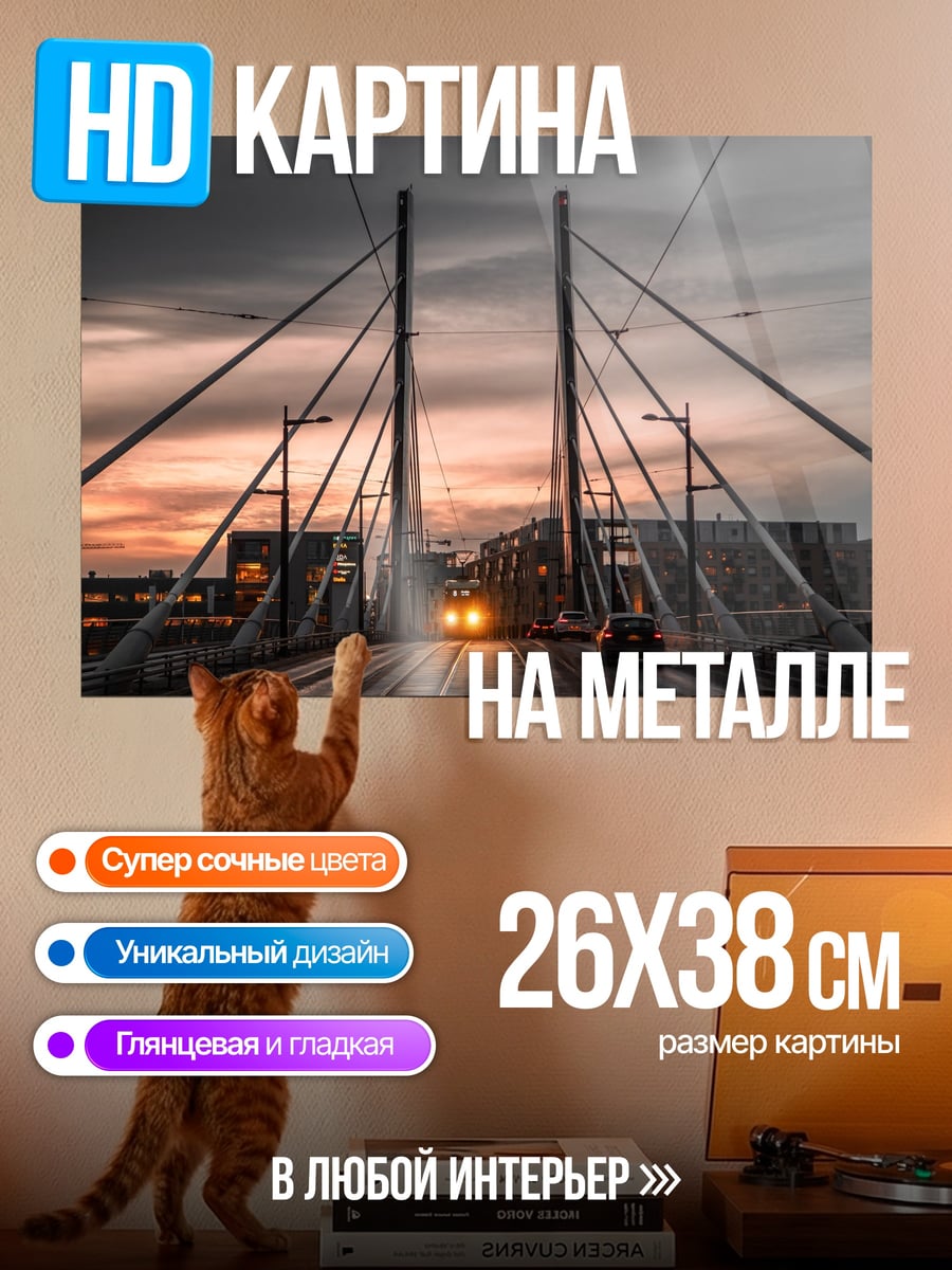 Картина на металле мост закат трамвай