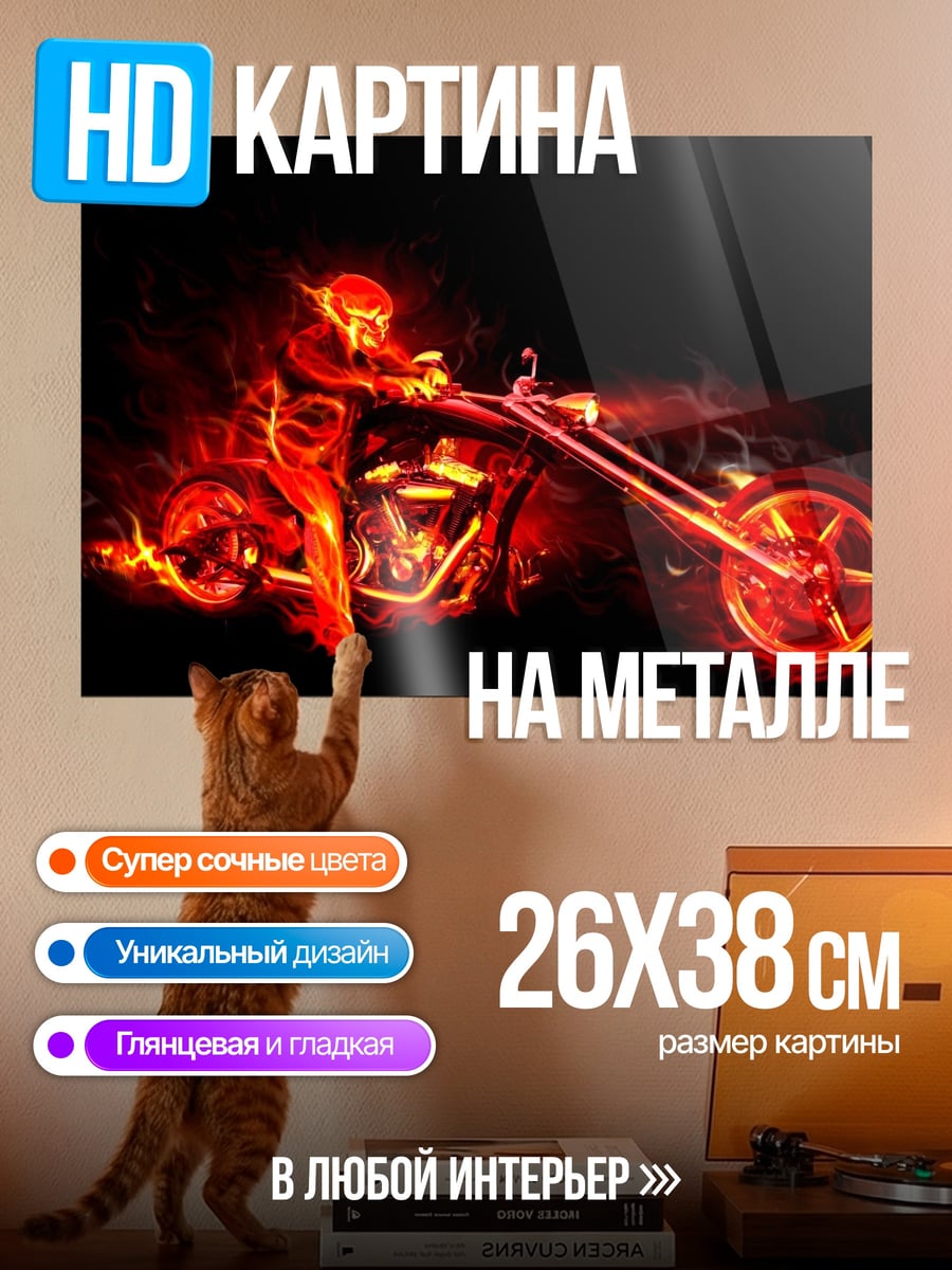 Картина на металле Огненный байкер