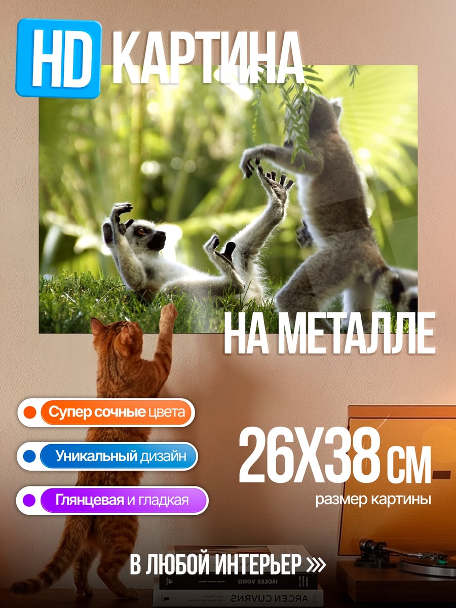 Картина на металле Играющие лемуры
