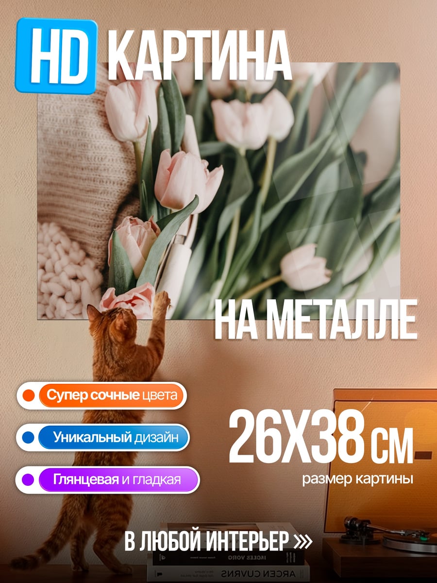 Картина на металле Букет розовых тюльпастельных тюльпанов