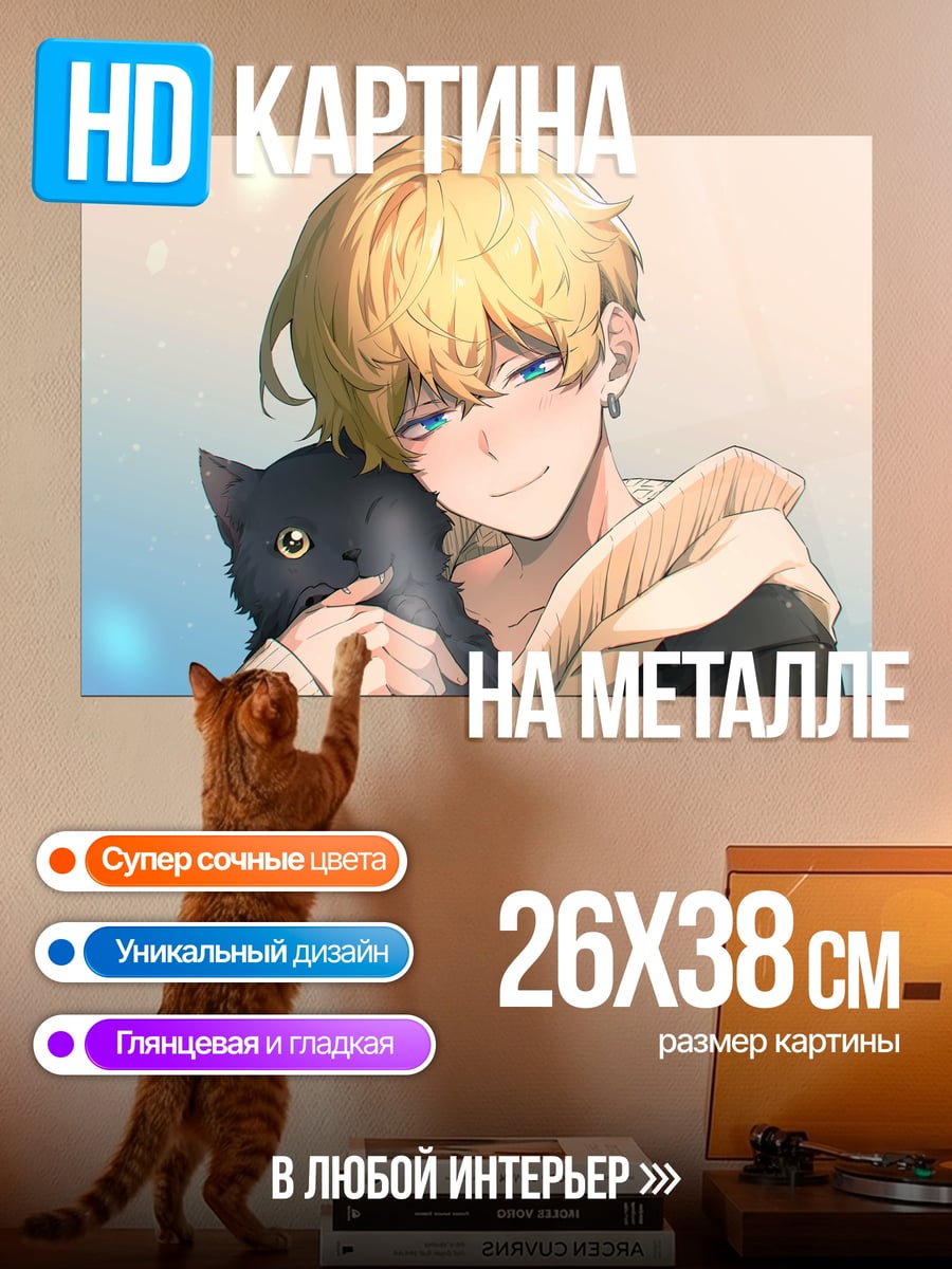 Картина на металле парень с котом