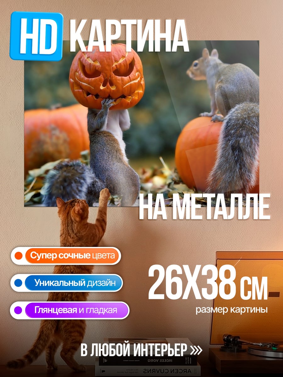 Картина на металле Белки и тыква на Хэллоуин