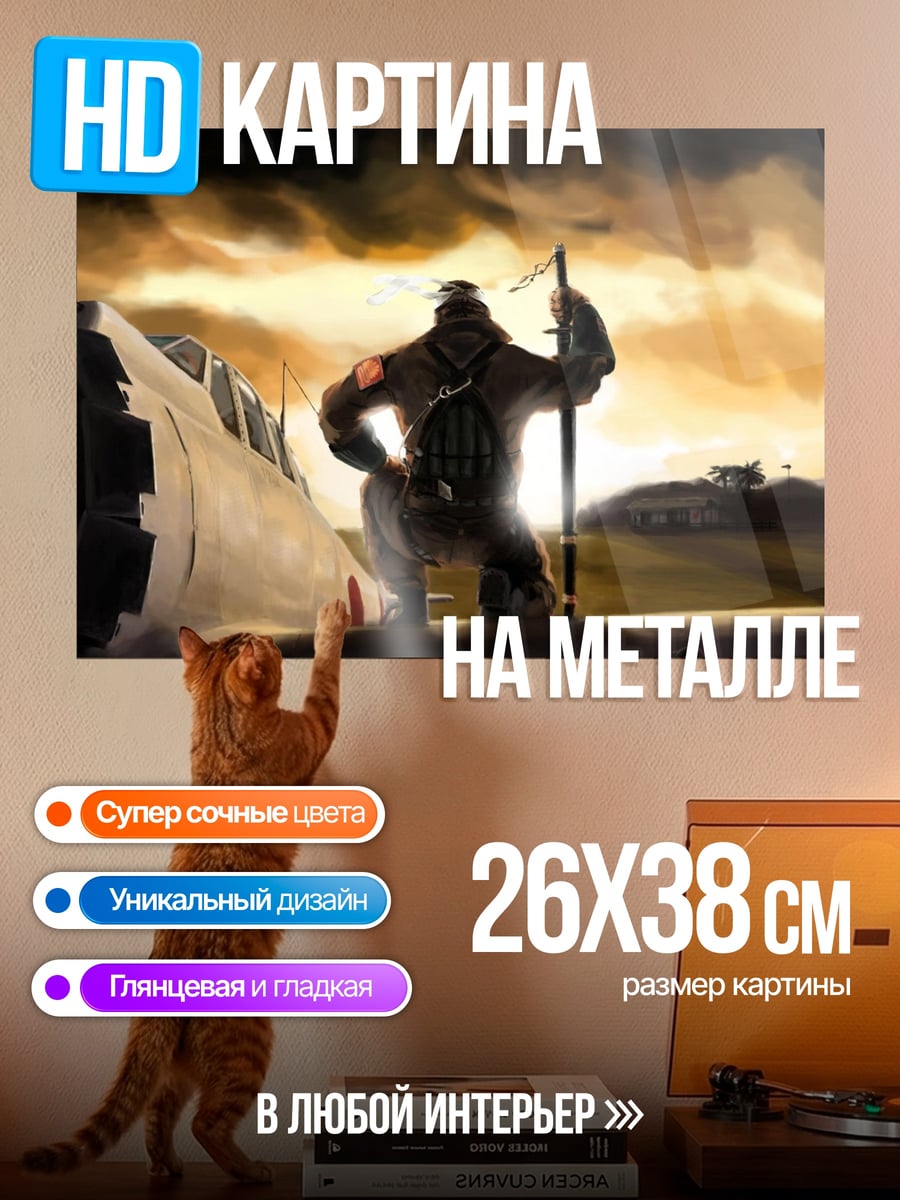 Картина на металле Пилот у самолета на закате
