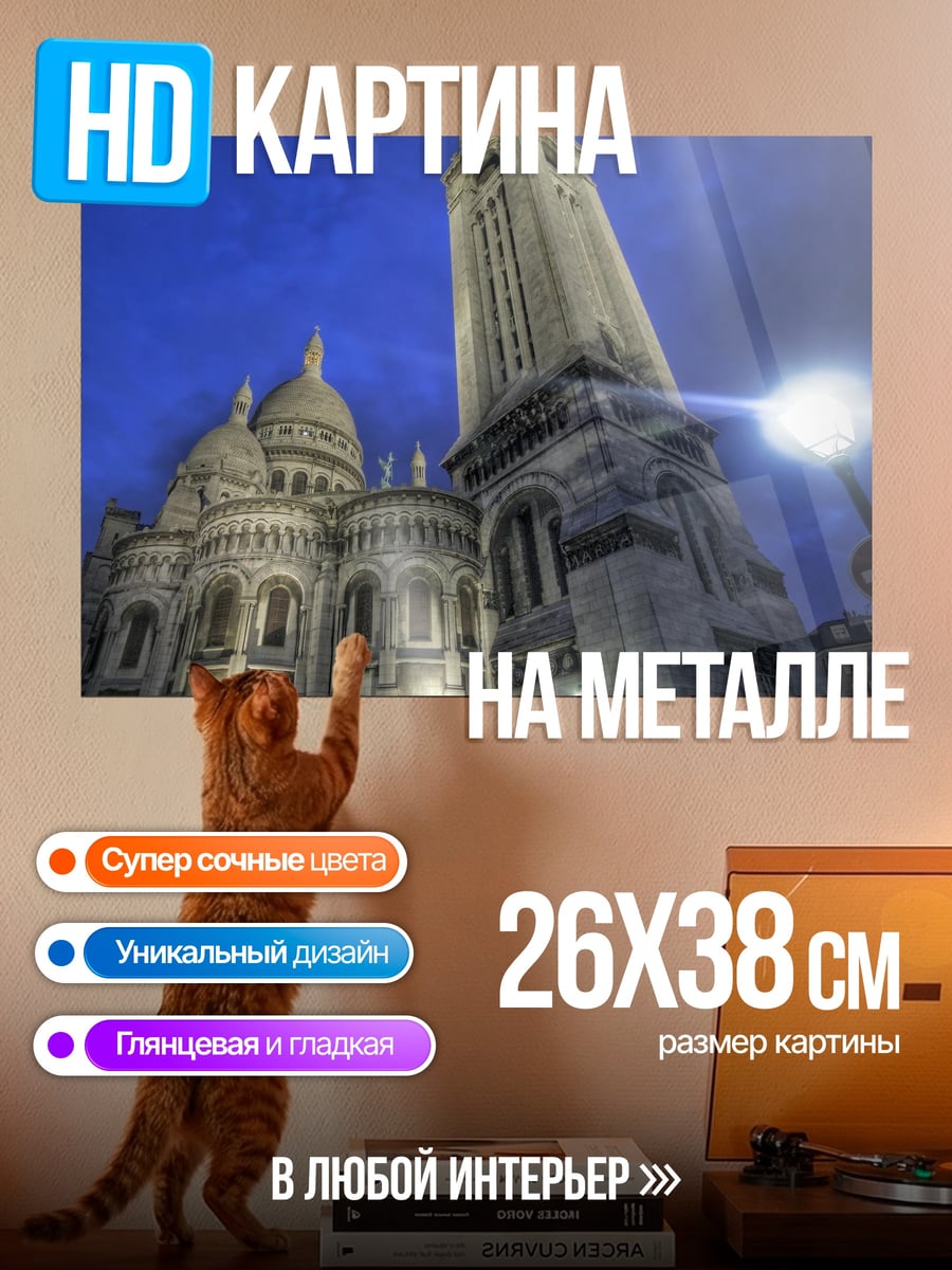 Картина на металле ночная базилика Париж