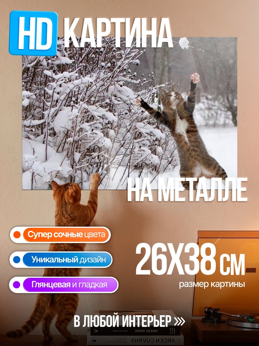 Картина на металле Кот играет в снежки