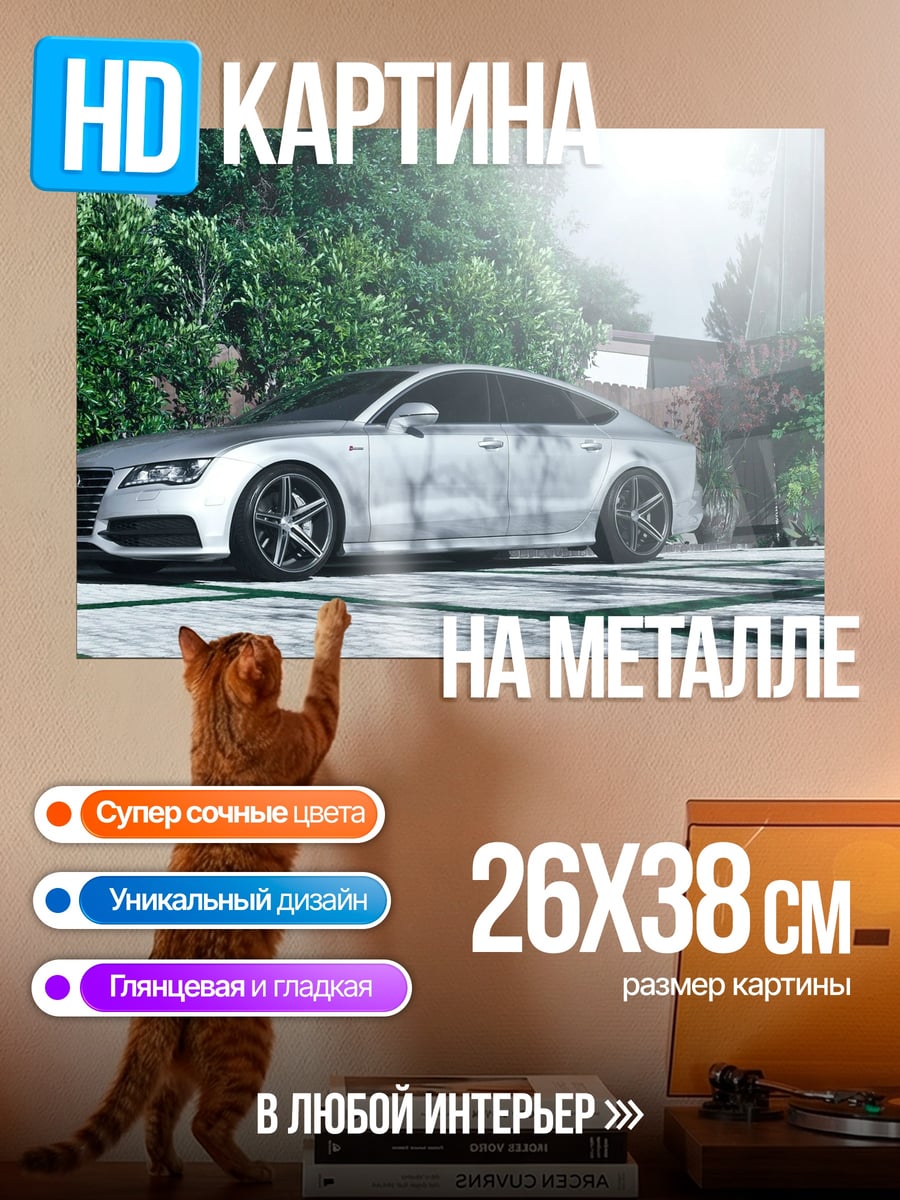 Картина на металле Серебристый спорткар у забора