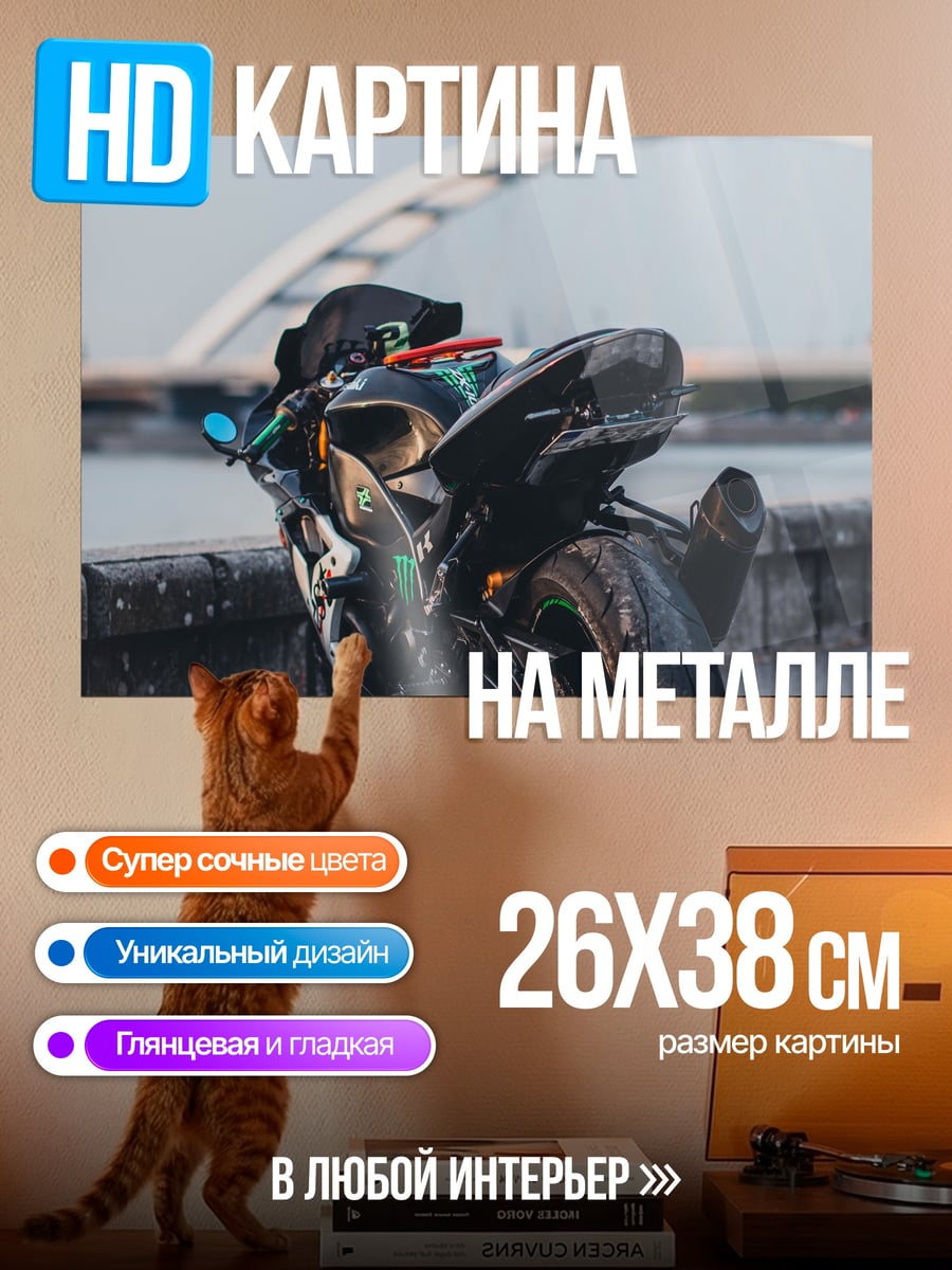 Картина на металле Черный мотоцикл