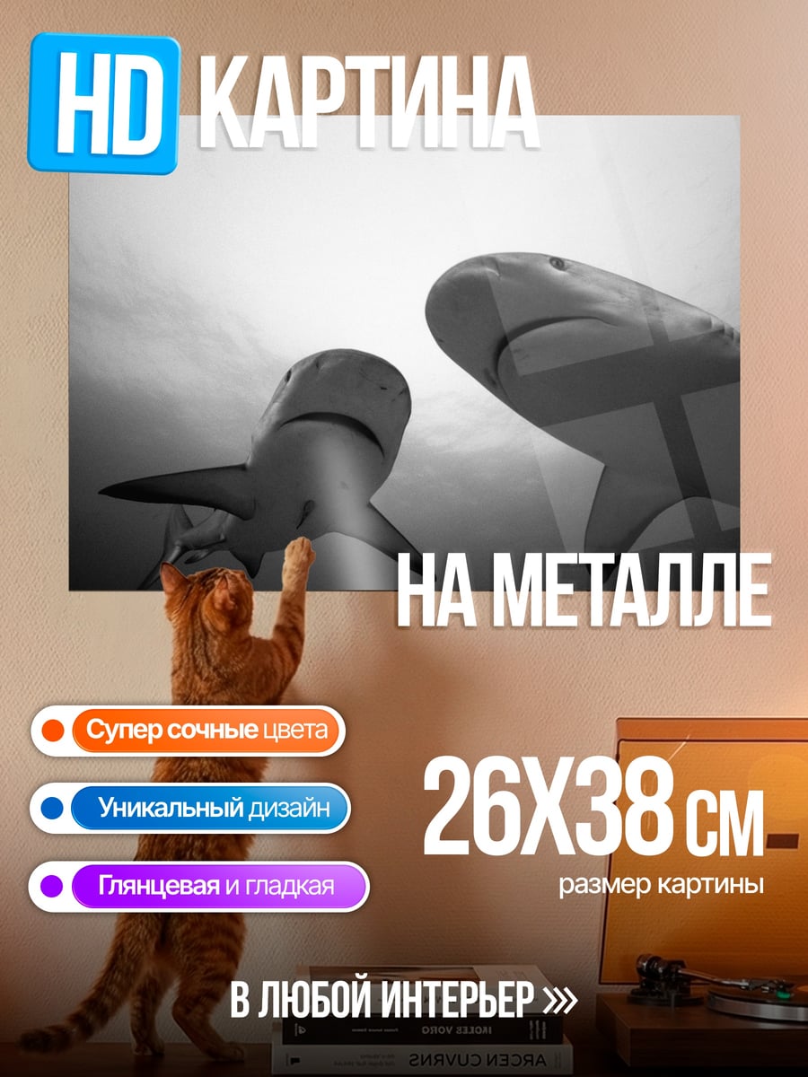 Картина на металле Две акулы в воде