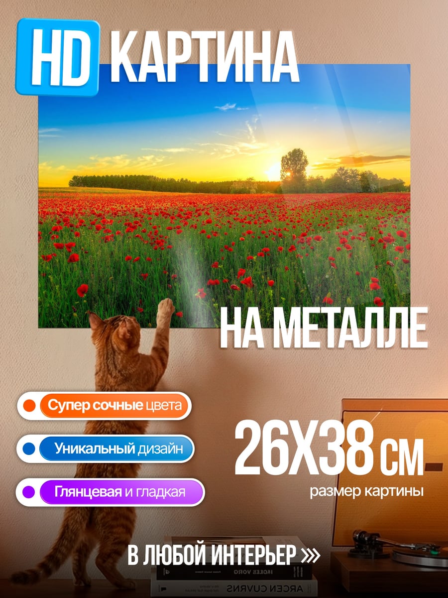 Картина на металле маковое поле на закате