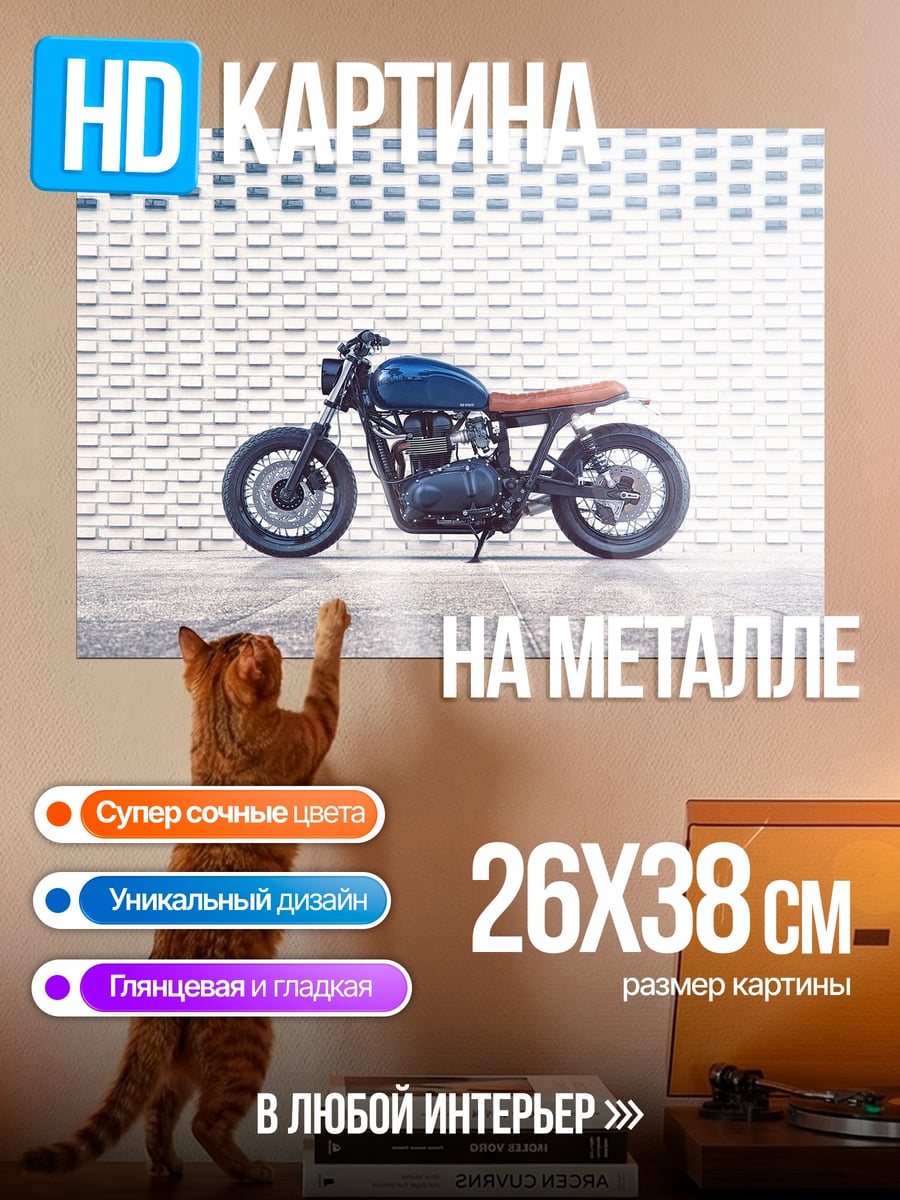 Картина на металле темный мотоцикл у стены