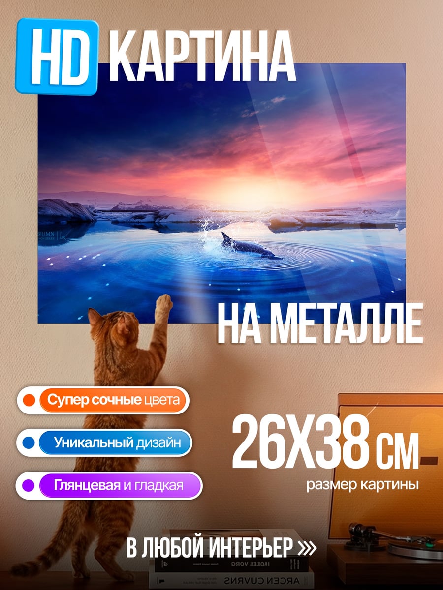 Картина на металле Дельфин на закате