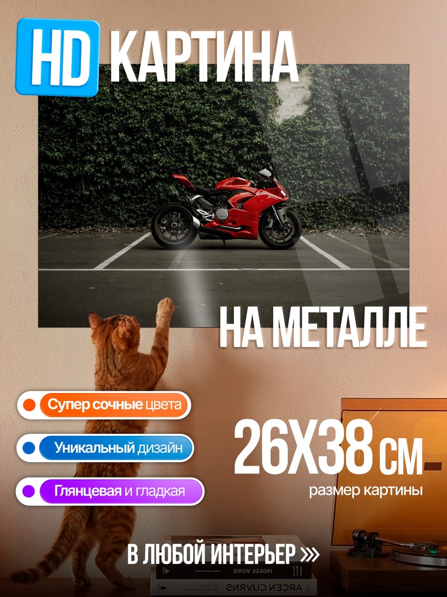 Картина на металле Красный мотоцикл стена