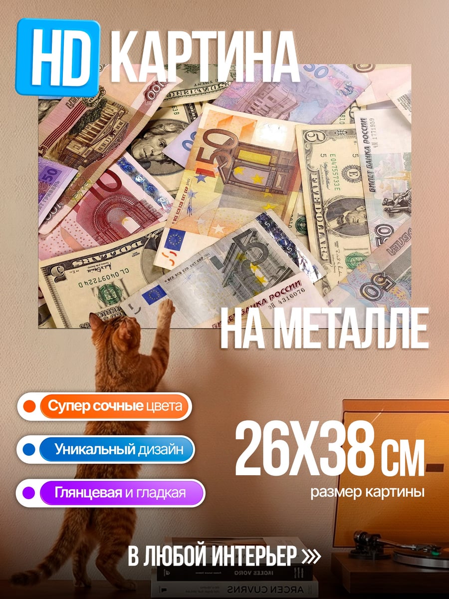 Картина на металле Разные валюты мира