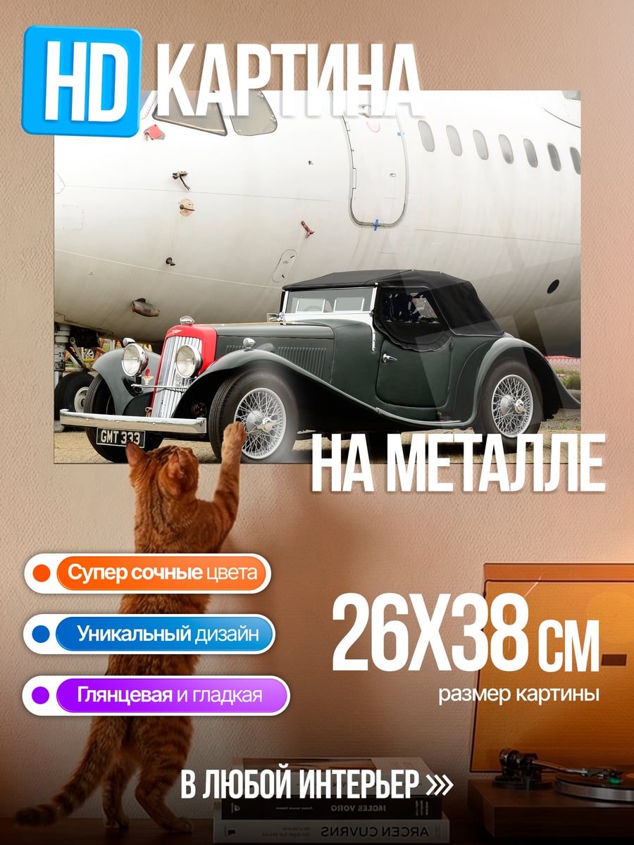 Картина на металле Ретро авто самолет