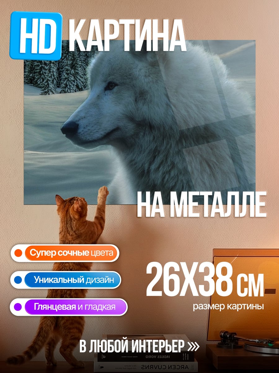 Картина на металле Белый волк ночью