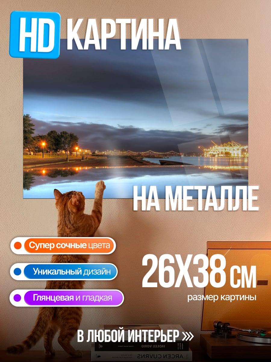 Картина на металле ночной город у воды