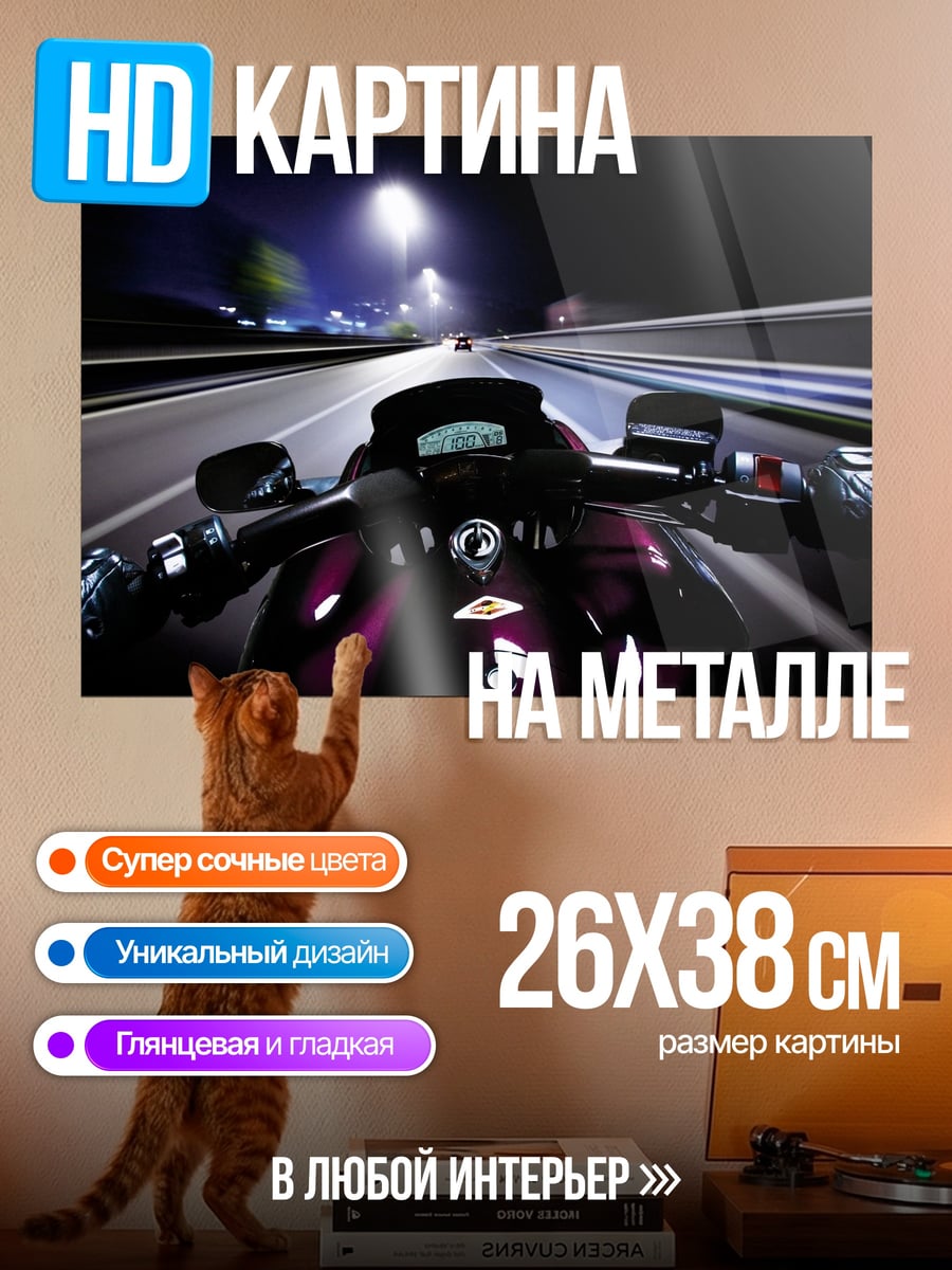 Картина на металле ночная поездка на мотоцикле