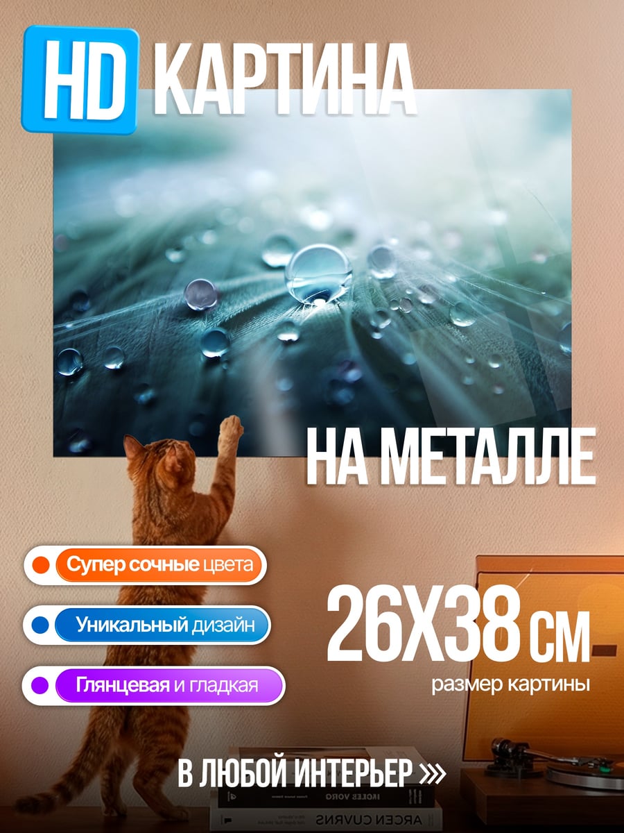 Картина на металле капли на лепестке