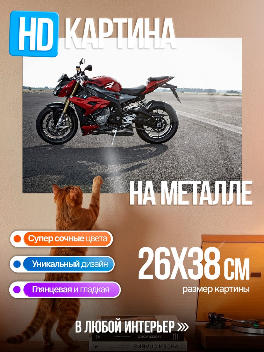 Картина на металле Красный мотоцикл на дороге