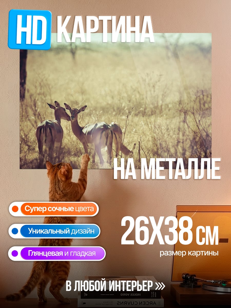 Картина на металле Две антилопы в траве