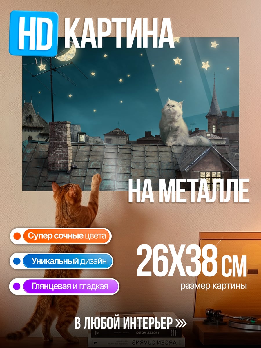 Картина на металле кот на крыше
