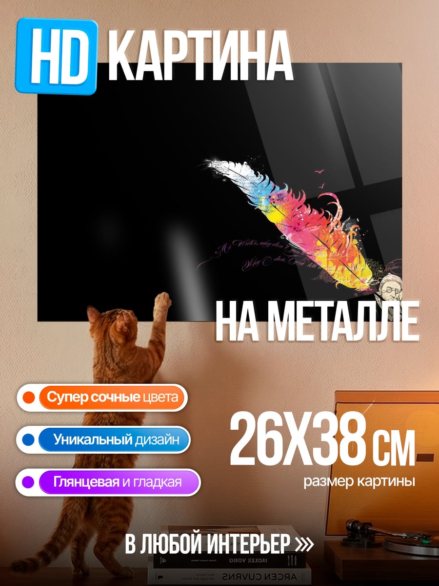 Картина на металле яркое перо на черном