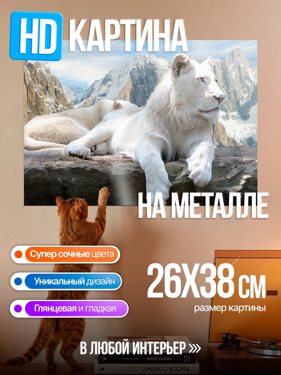 Картина на металле Белые львы горы