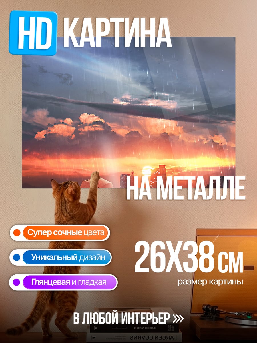 Картина на металле дождливый закат город