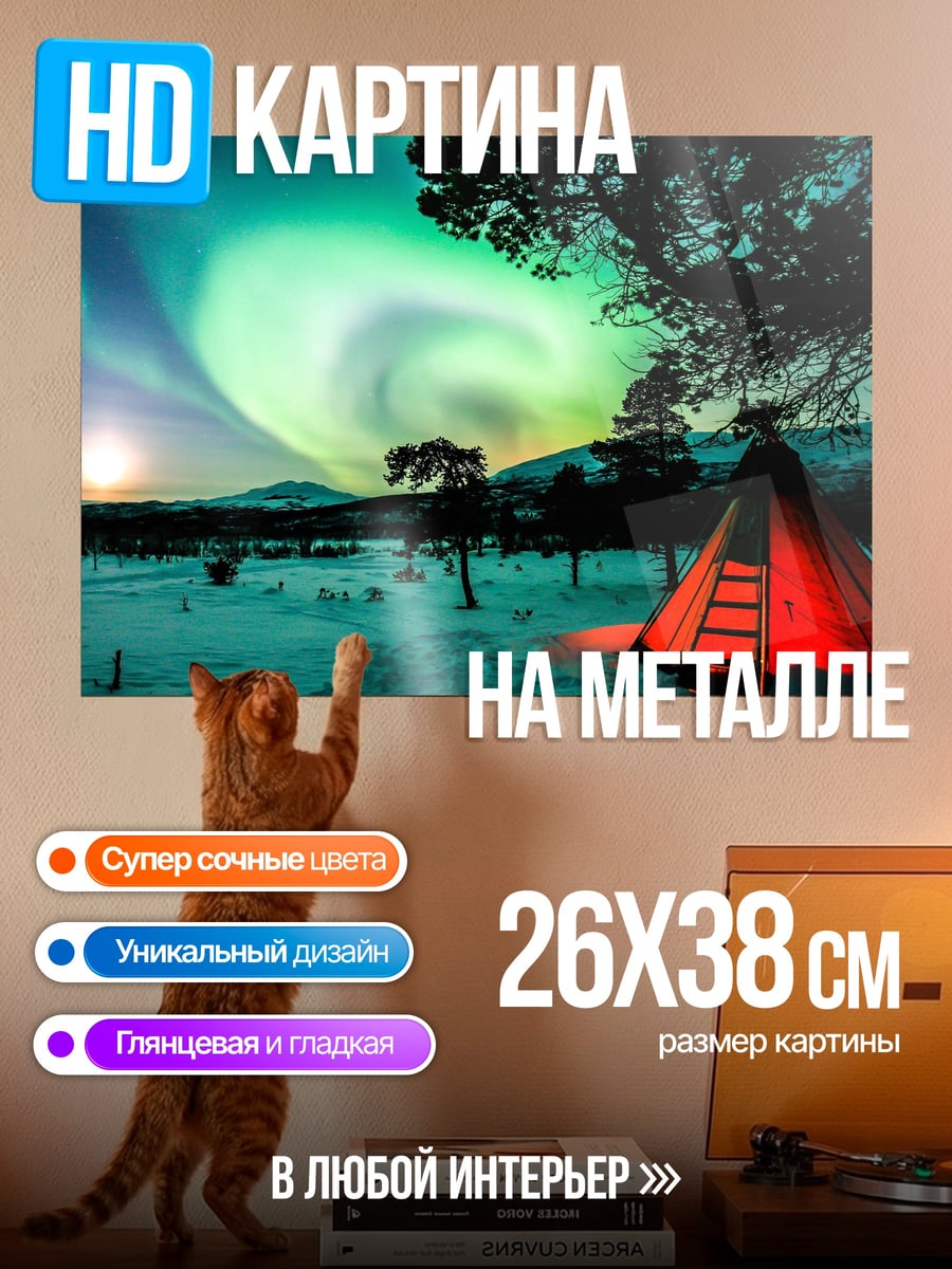 Картина на металле Северное сияние в тундре