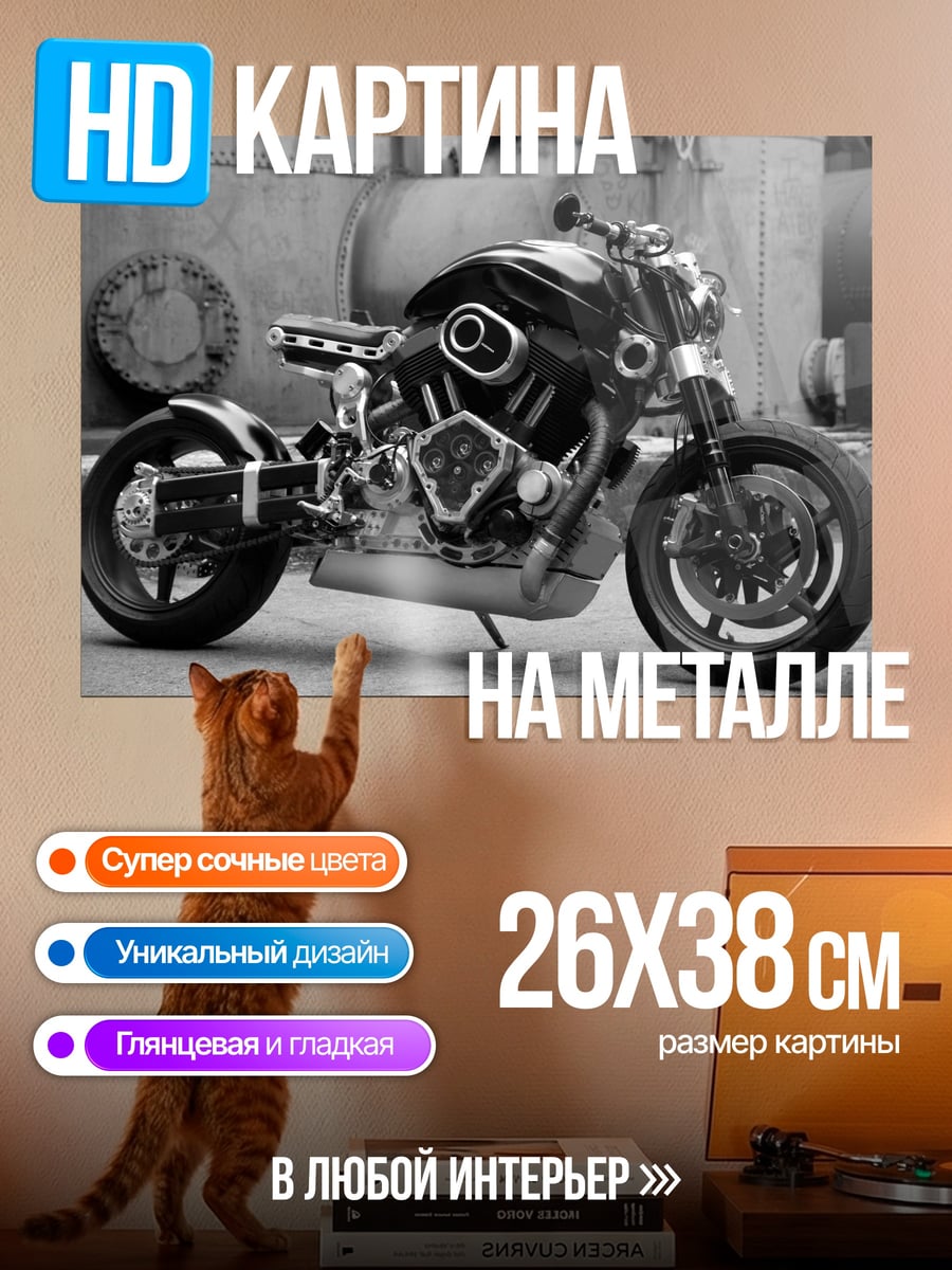 Картина на металле Чёрный мотоцикл