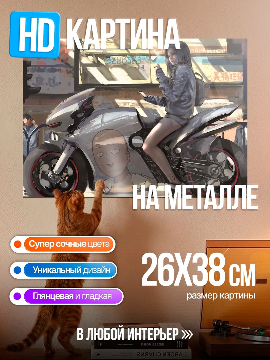 Картина на металле Девушка на футуристичном мотоцикле