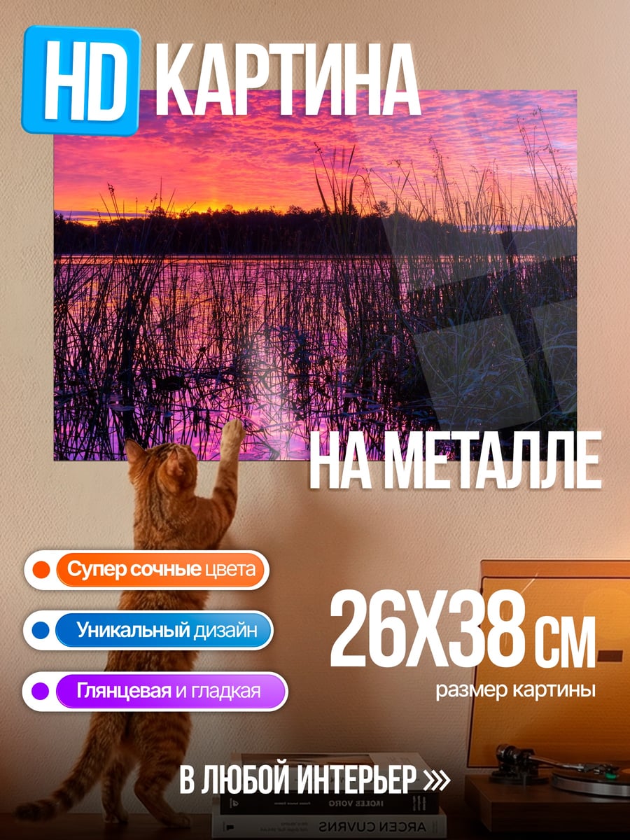 Картина на металле Закат над озером