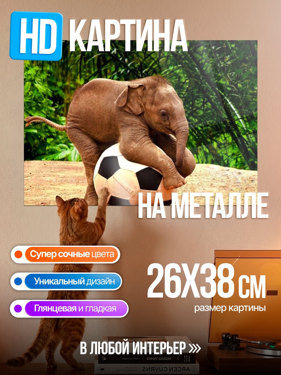 Картина на металле слонёнок с мячом