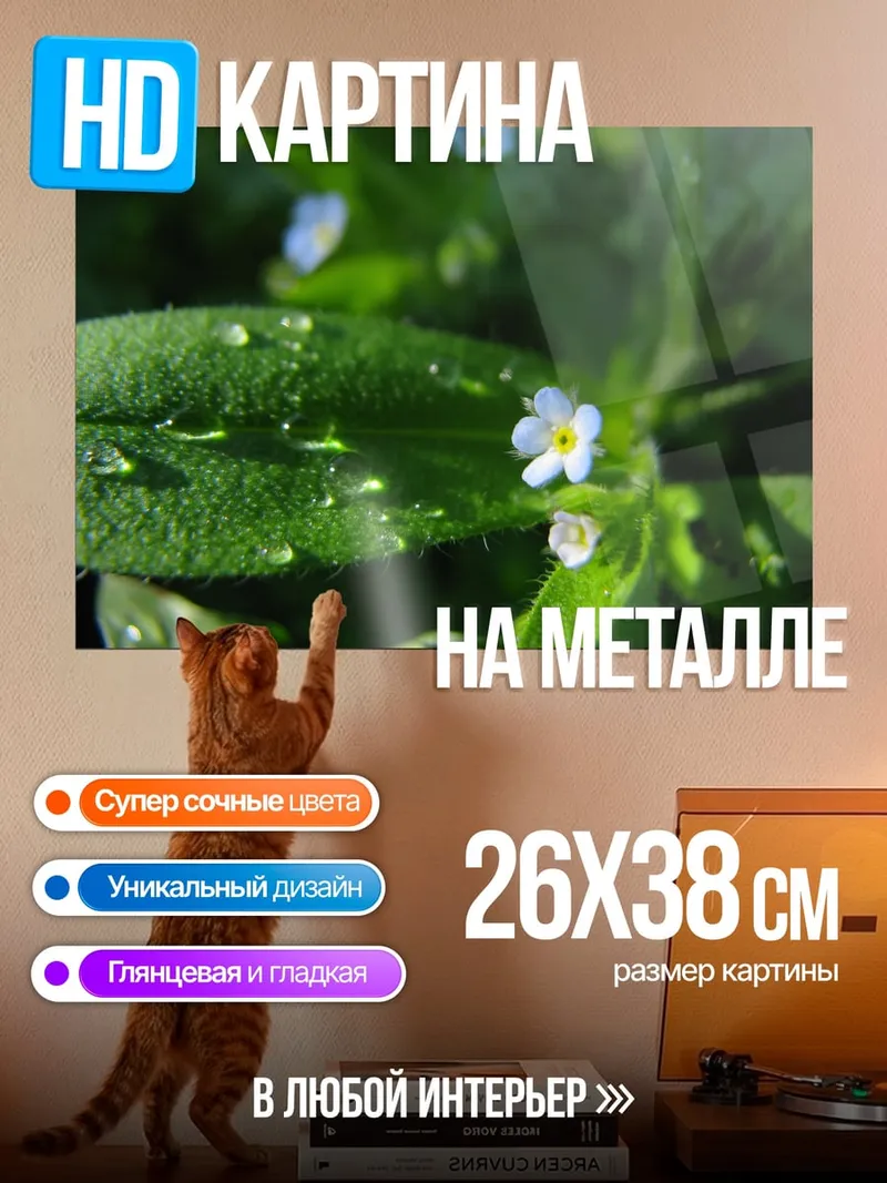 Картина на металле Незабудки в росе