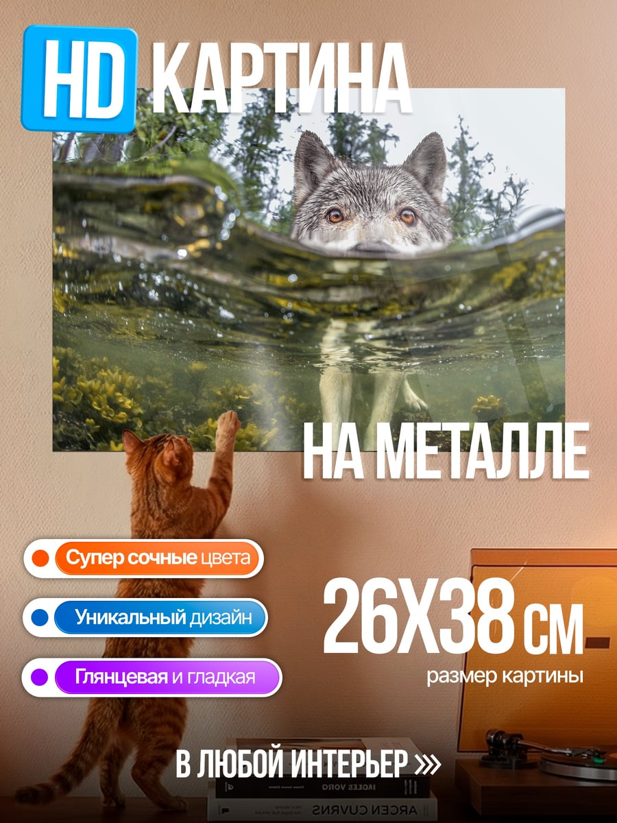 Картина на металле Волк в воде