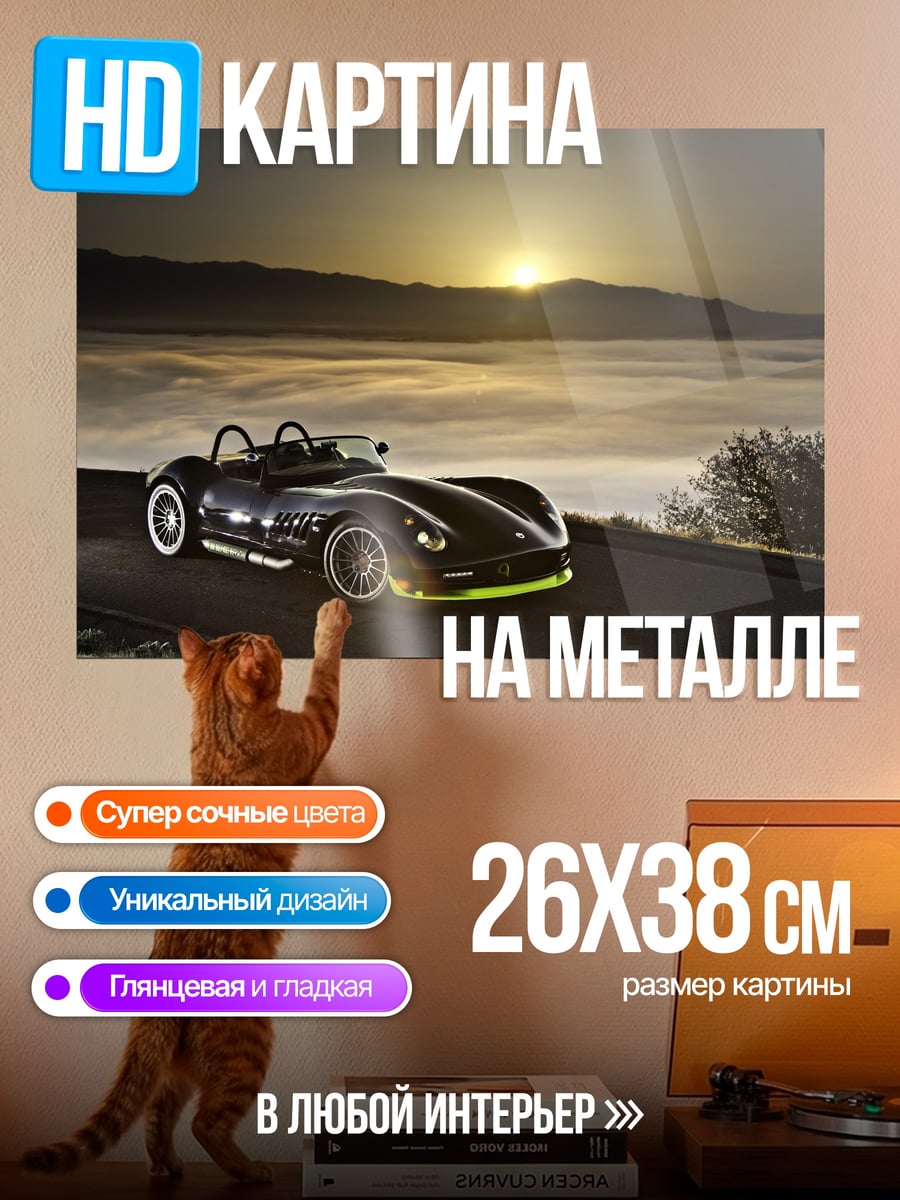 Картина на металле Спортивный автомобиль на закате