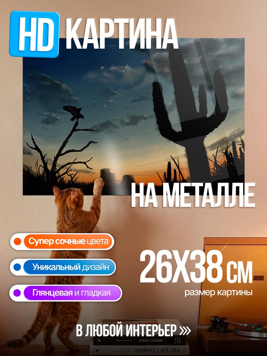 Картина на металле Пустынный закат с кактусом