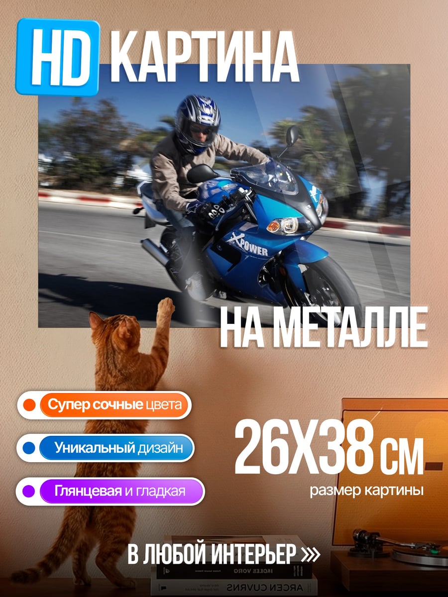 Картина на металле Синий спортбайк гонщик