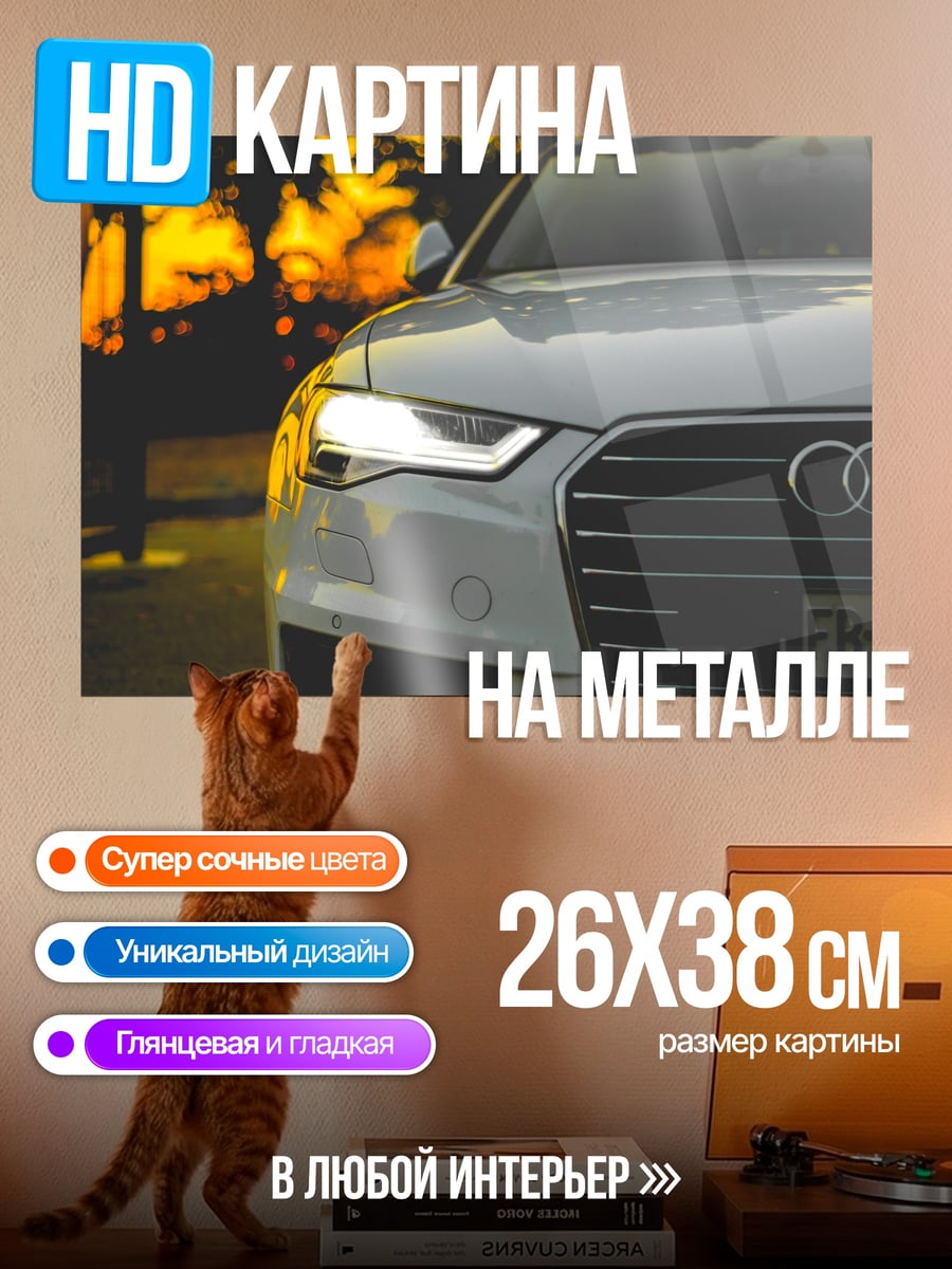 Картина на металле белый Audi на закате