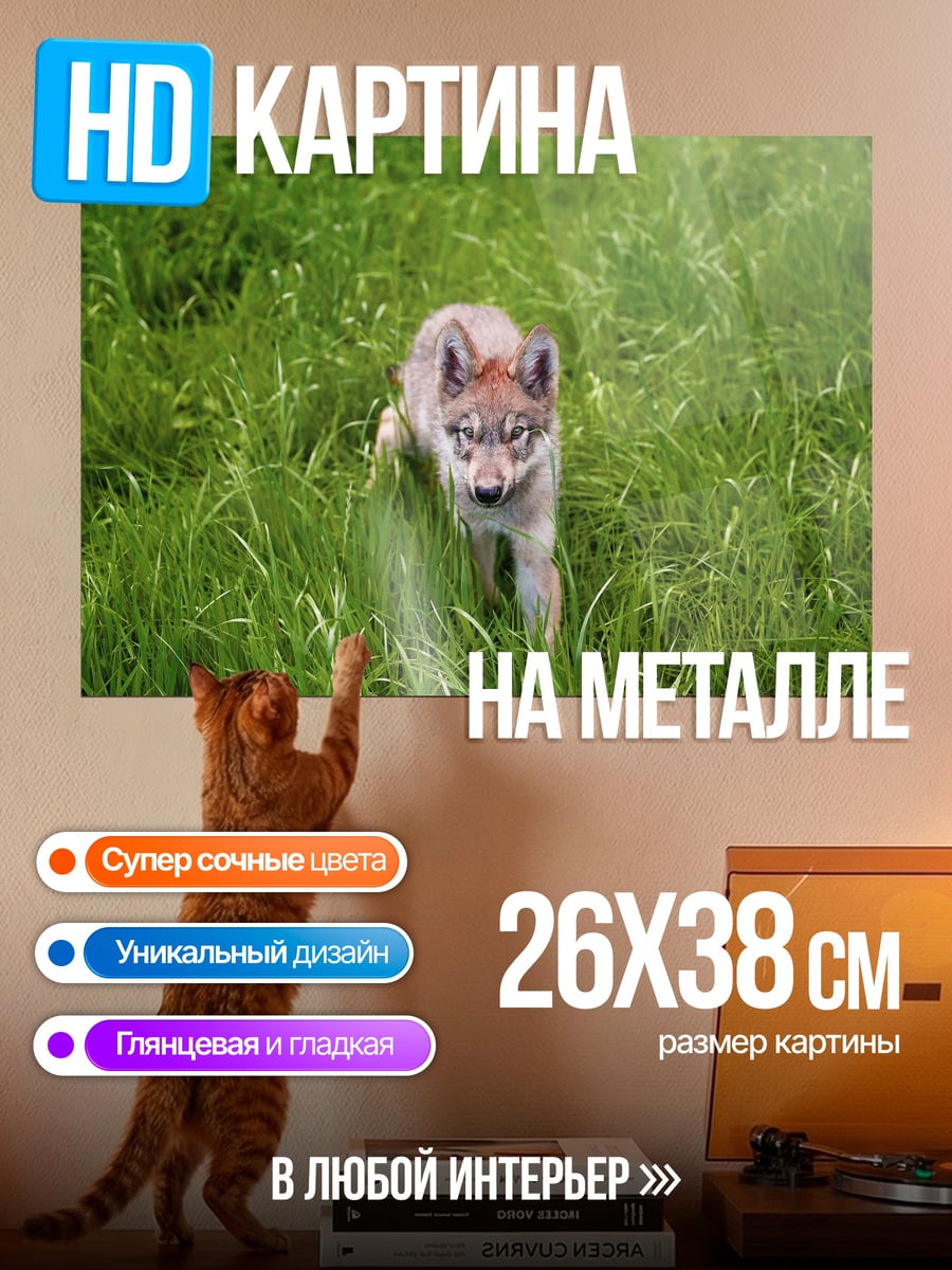 Картина на металле Волчонок в траве