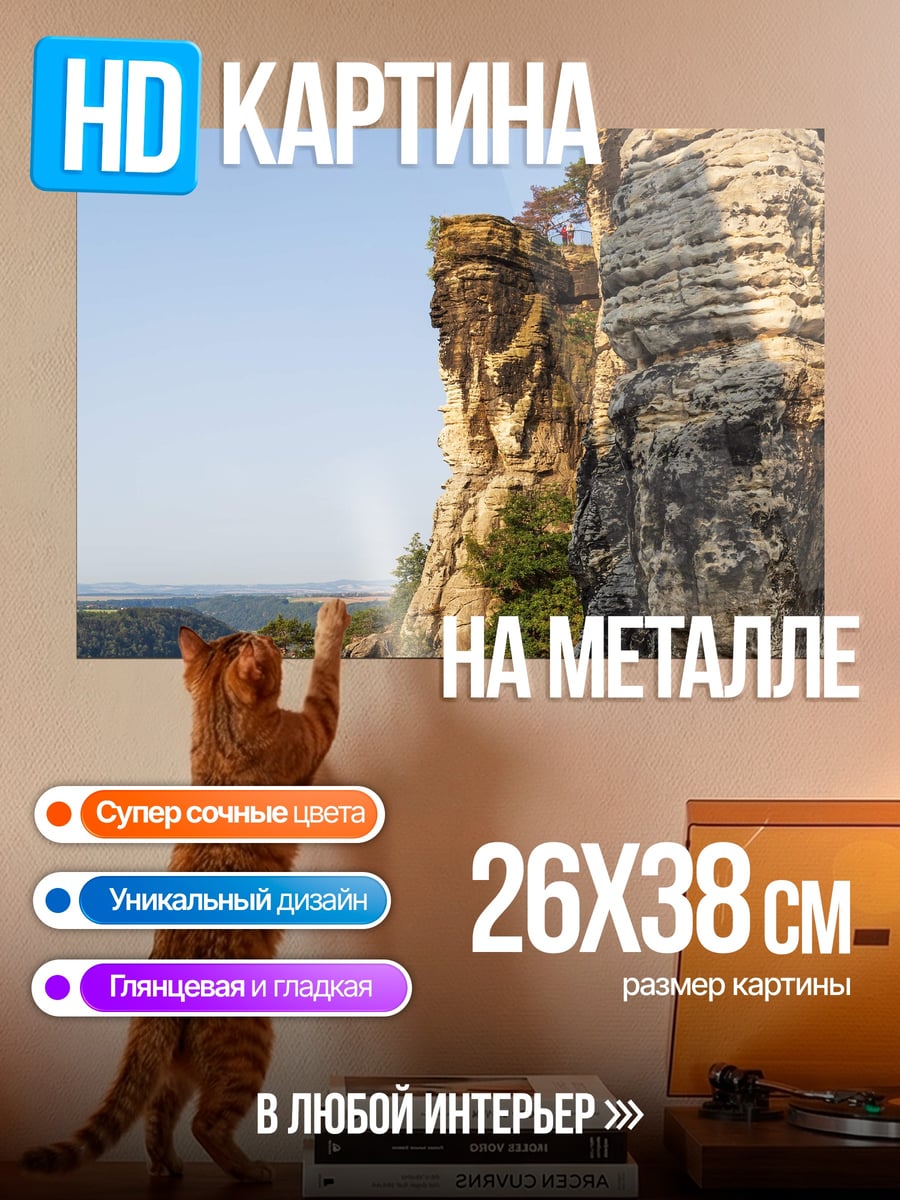Картина на металле скалы над рекой