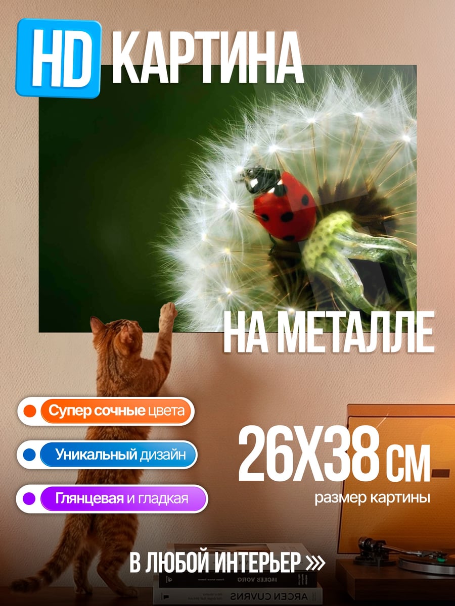 Картина на металле божья коровка на одуванчике
