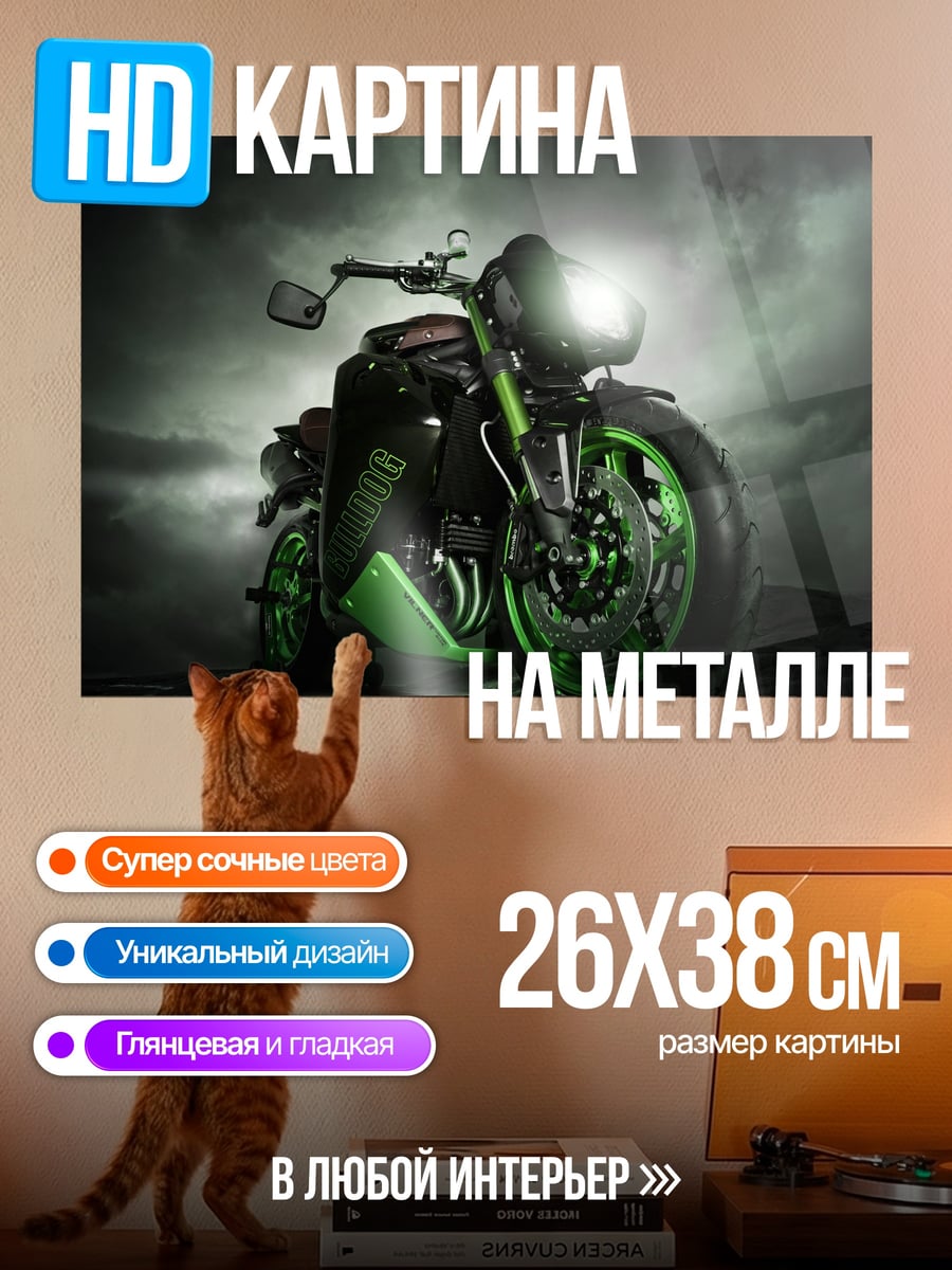 Картина на металле Зеленый мотоцикл