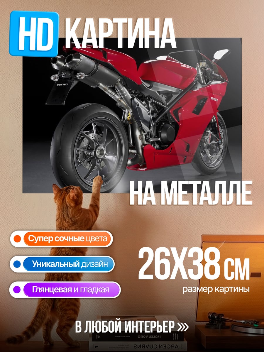 Картина на металле Красный мотоцикл