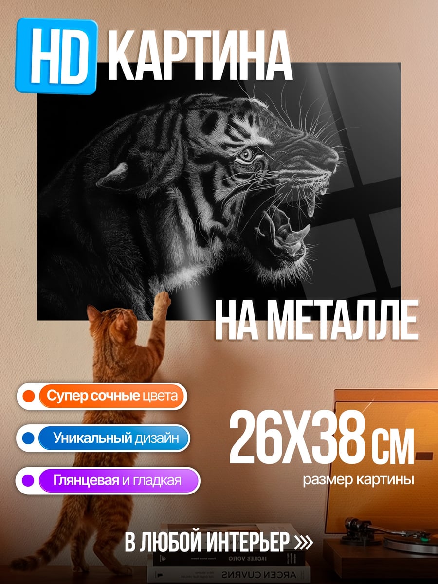 Картина на металле Рычащий тигр черно-белый