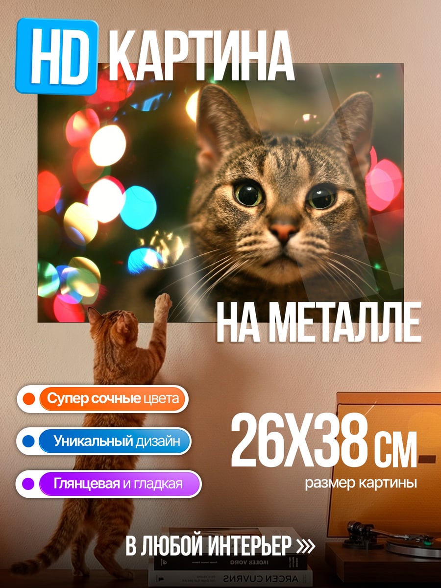 Картина на металле кот на фоне огней