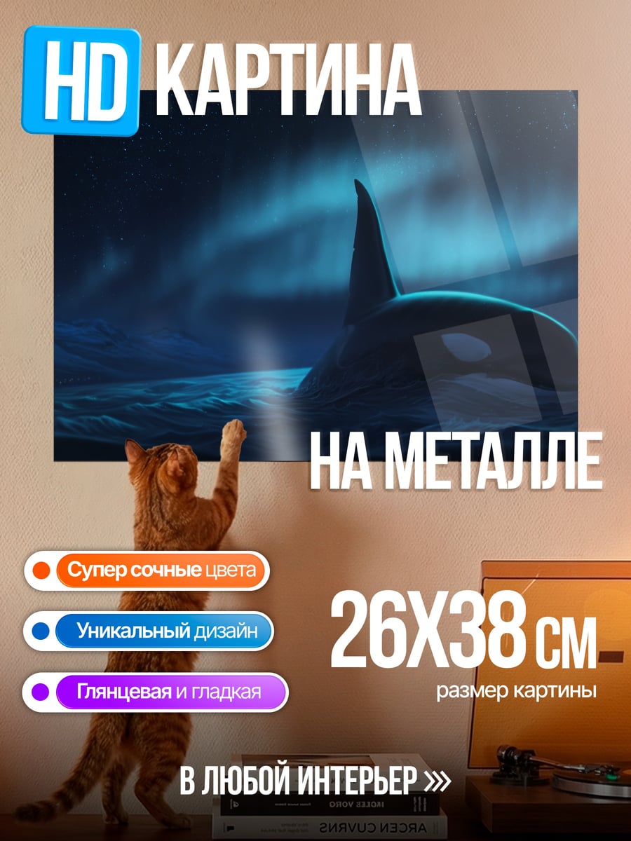 Картина на металле косатка под северным сиянием