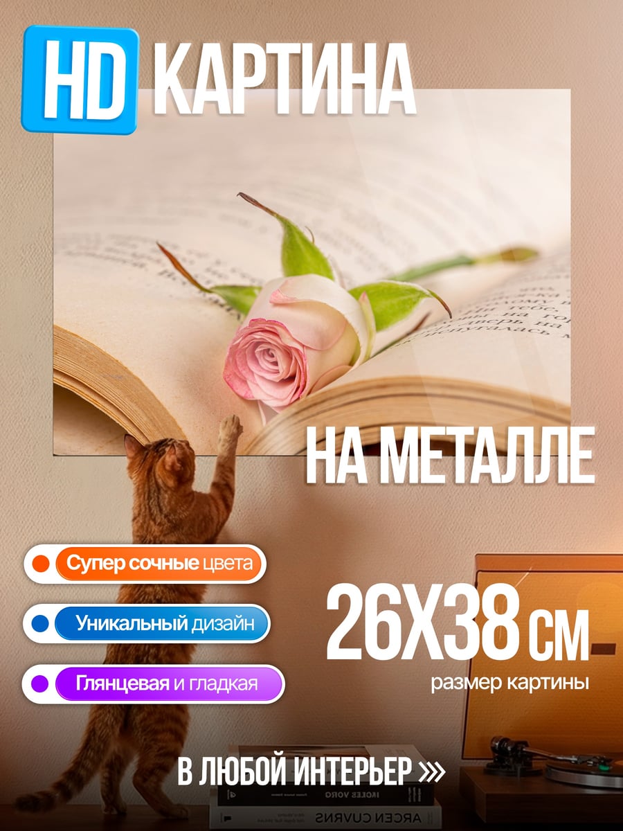 Картина на металле Роза на книге